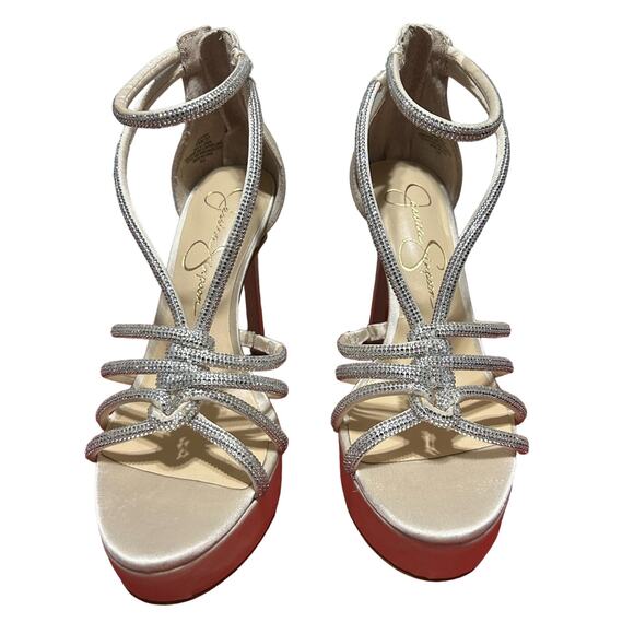 Jessica Simpson Satin Cream Colored Platform Shoes with 5" Stiletto Heel, s 6.5 - Picture 2 of 7